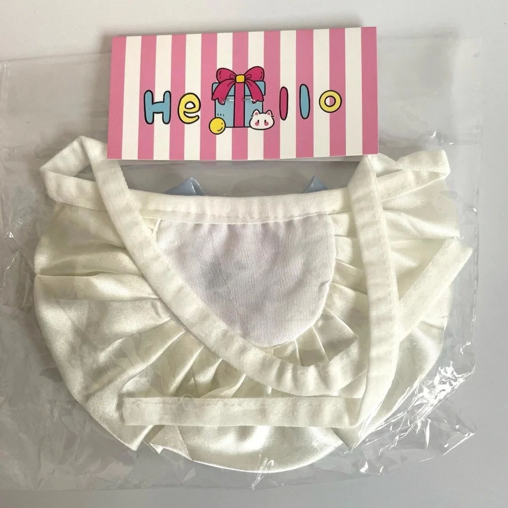 New Newmoondoll Cat Bib /Collar Ruffled White w/ light blue bow, Jewel pearl
